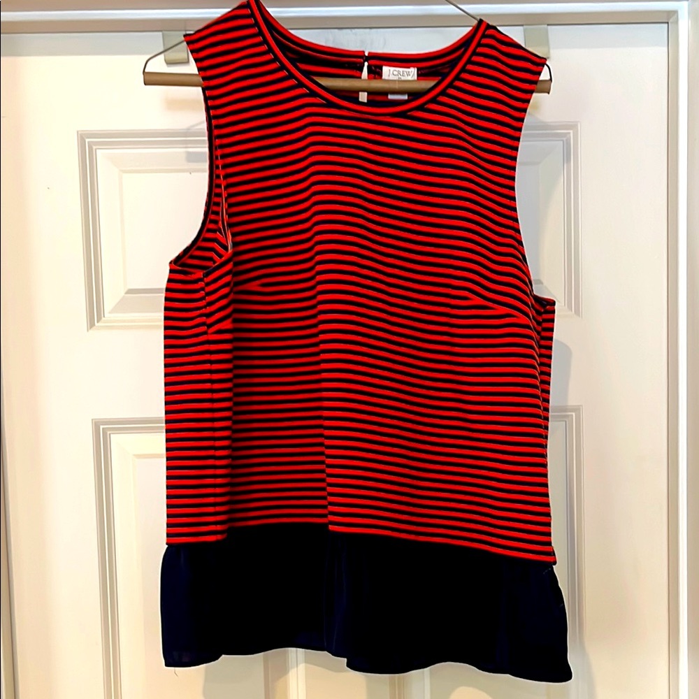 Ladies J. Crew Red and Navy Striped Tank Top with navy ruffle bottom.  Size L.